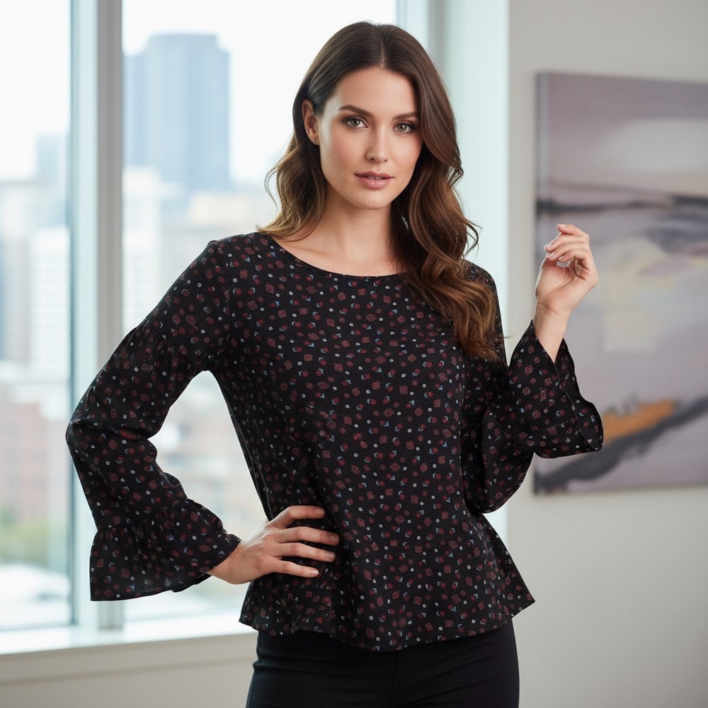 Loft S Black Blue‎ Red Floral Bell Sleeve Whimsigoth Top Boho Chic Office Siren